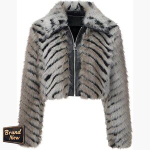 Faux Fur Leather Jacket Cropped Fleece Coat Warm Fluffy Zip Outerwear